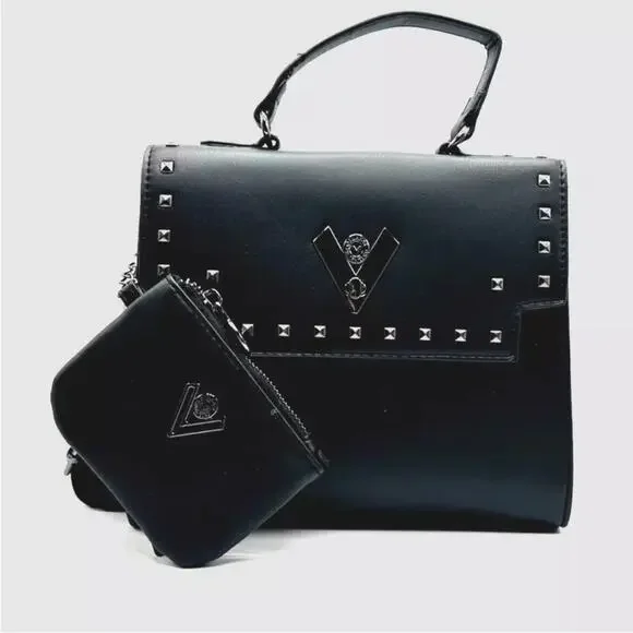 NEW ORLANDI VALENTINO Black Gunmetal Silver Stud Studded Crossbody Bag Purse - Picture 14 of 15